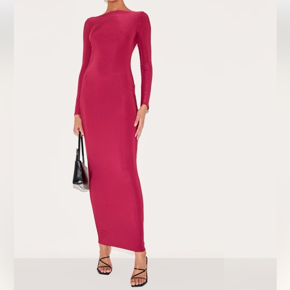 PrettyLittleThing NEW Long Sleeve Slinky Maxi Dress Wine 10 Double Layer Sexy - Picture 4 of 14